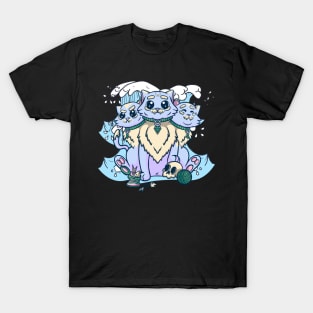 Kawaii Pastel Goth Cute Creepy 3 Headed Cat Skull T-Shirt